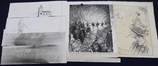 George M Sullivan, pen and ink drawings Largest 19 x 14cm, unframed